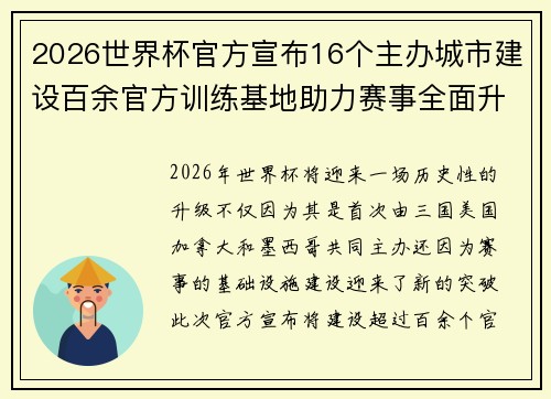 2026世界杯官方宣布16个主办城市建设百余官方训练基地助力赛事全面升级 ⚽ 2026世界杯官方宣布16个主办城市建设百余官方训练基地助力赛事全面升级 ⚽