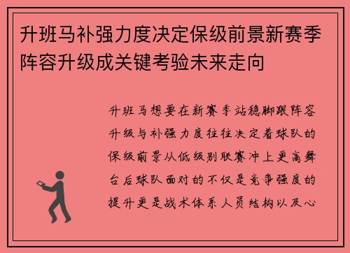 升班马补强力度决定保级前景新赛季阵容升级成关键考验未来走向